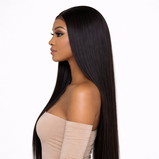 Peluca lisa larga negra HD lace 5x5, cabello natural con acabado sedoso, efecto cuero cabelludo real sin pegamento