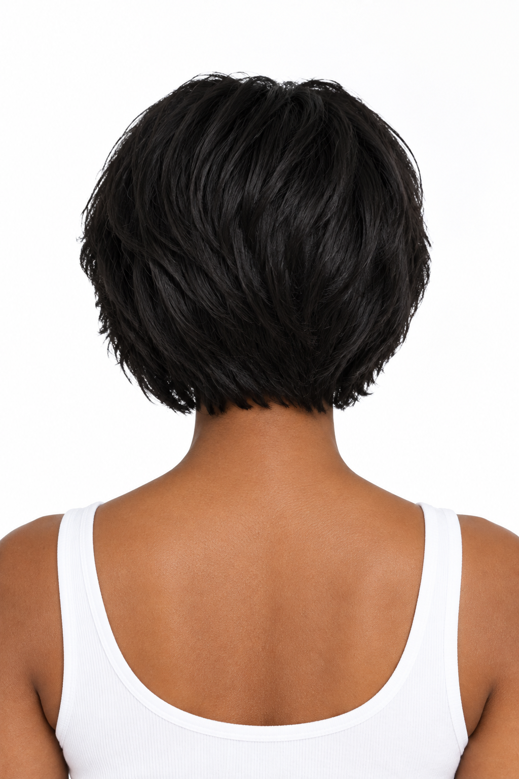 Modelo afrodescendiente de espaldas con pixie bob negro