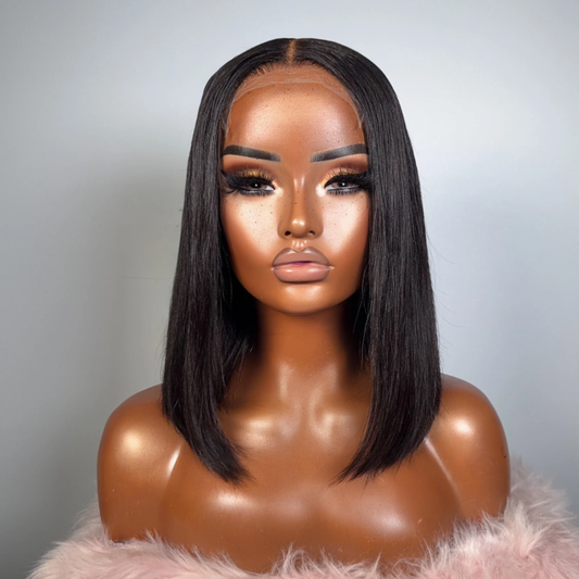 Peluca de pelo natural con melena larga lisa negra y raya al centro