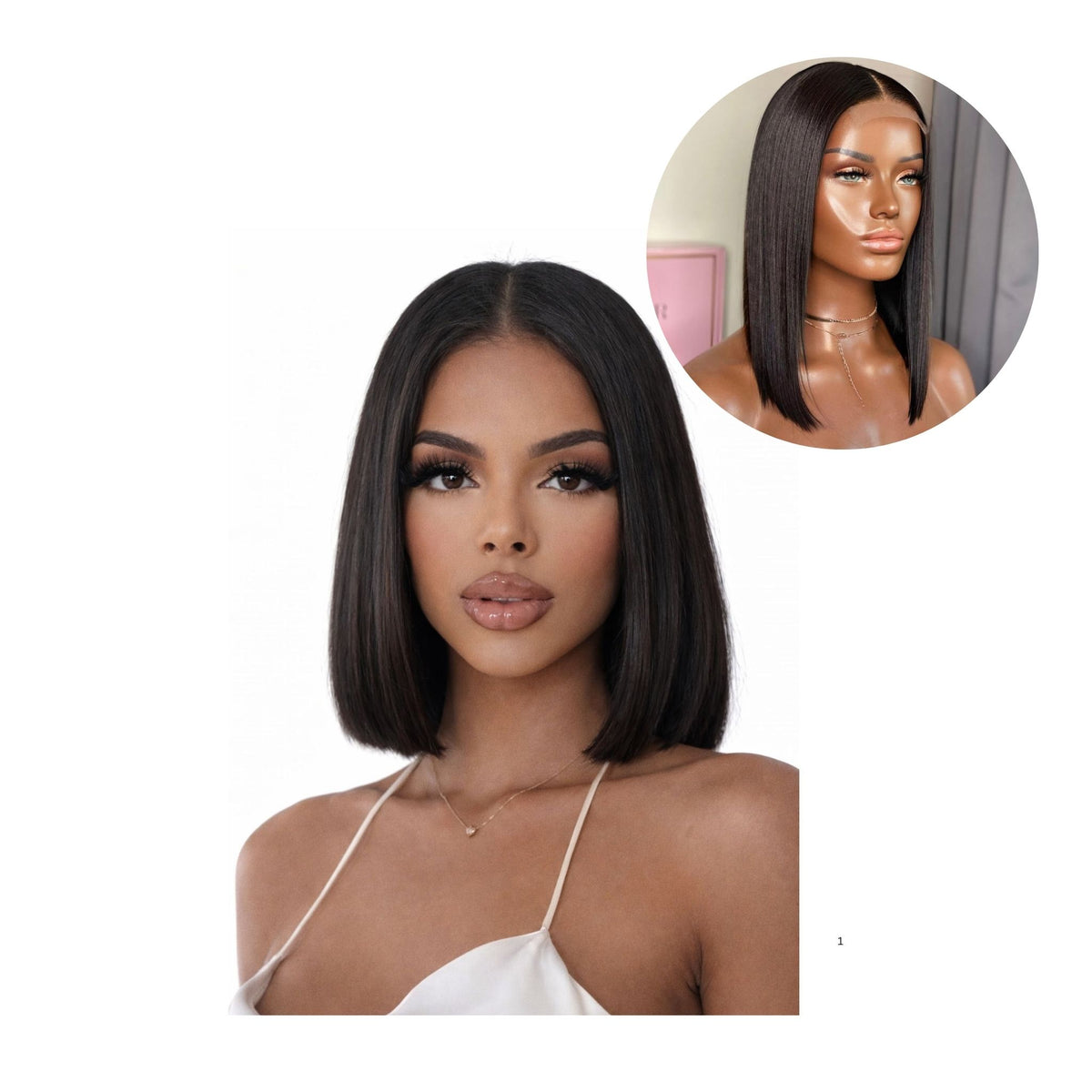 Peluca de pelo natural bob liso negro, vista frontal y detalle ovalado