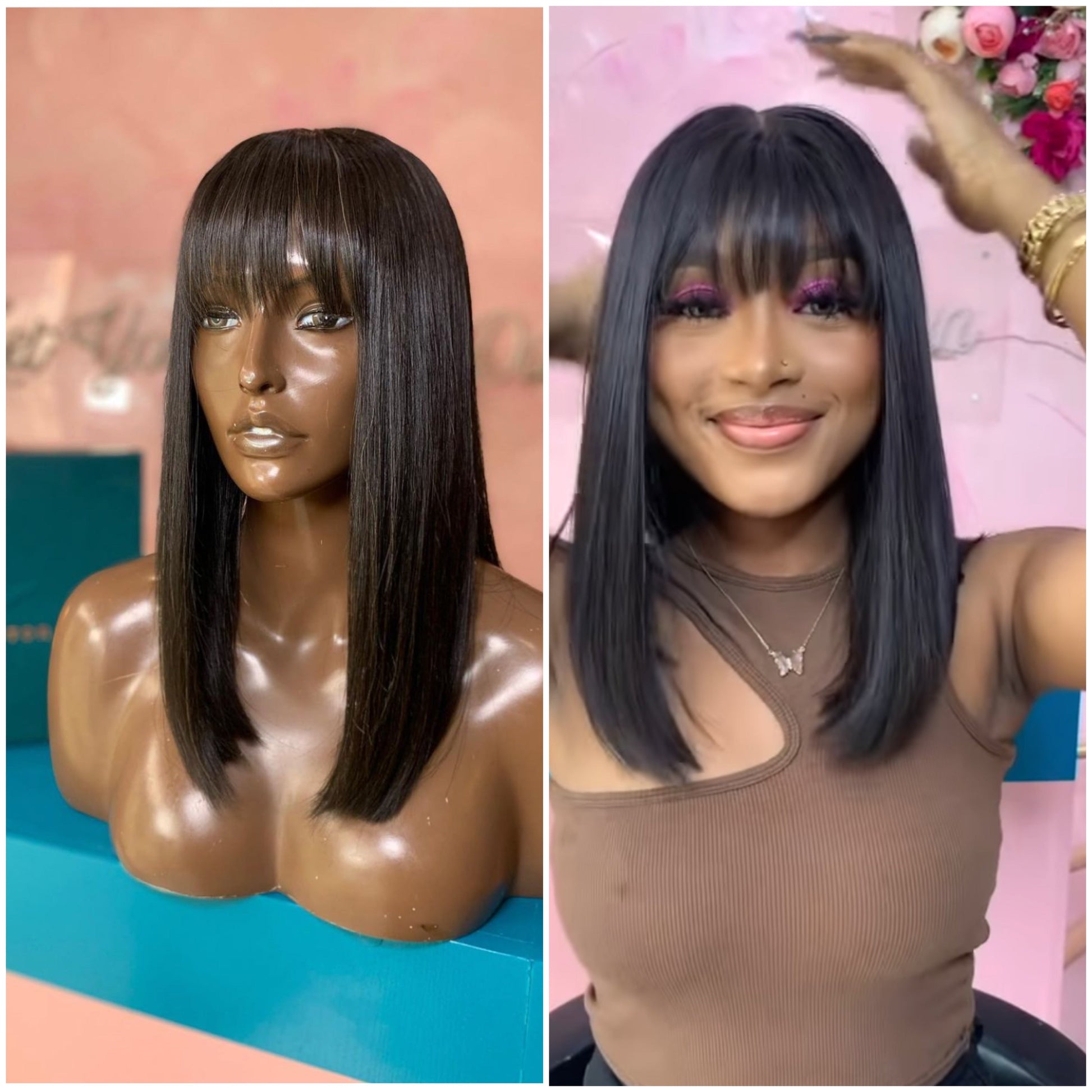 Chica joven morena con peluca bob negra de pelo natural y flequillo, look moderno y elegante, estilo sofisticado y natural.
