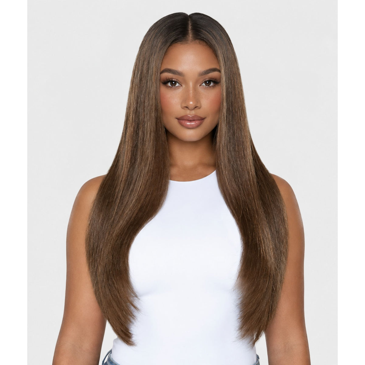 Cortinas de extensiones adhesivas de pelo natural castaño con reflejos