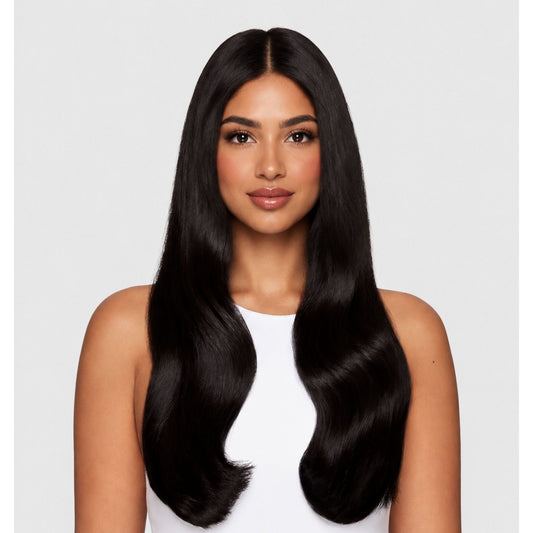 Cortinas de extensiones adhesivas de pelo natural negro ondulado sobre fondo blanco