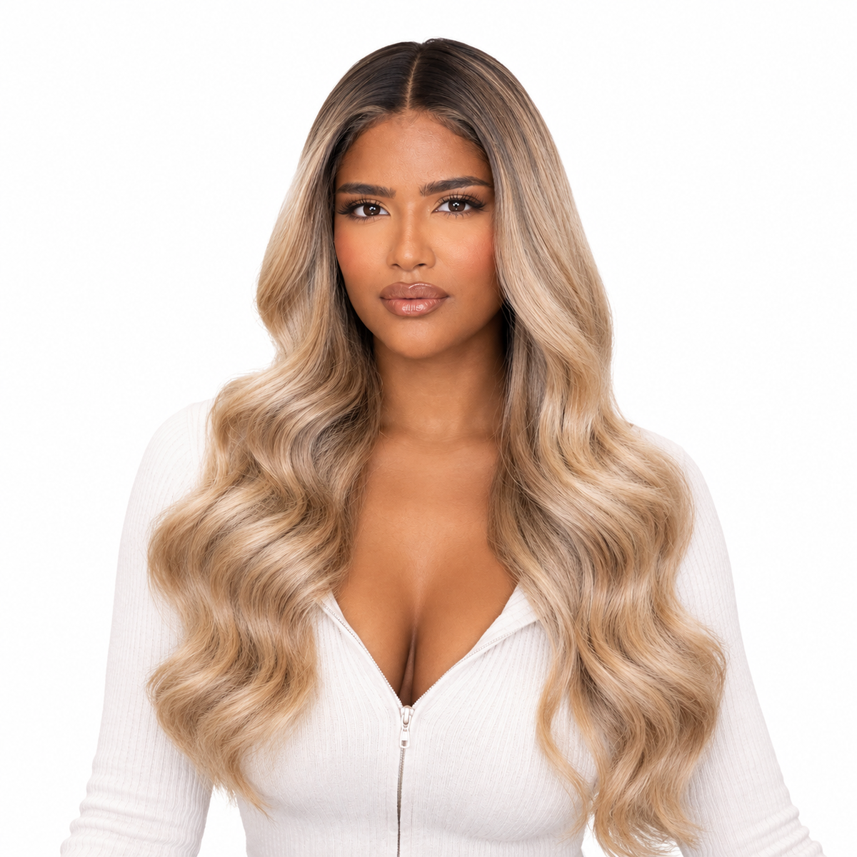 Extensiones adhesivas de pelo natural rubio balayage con raíz oscura