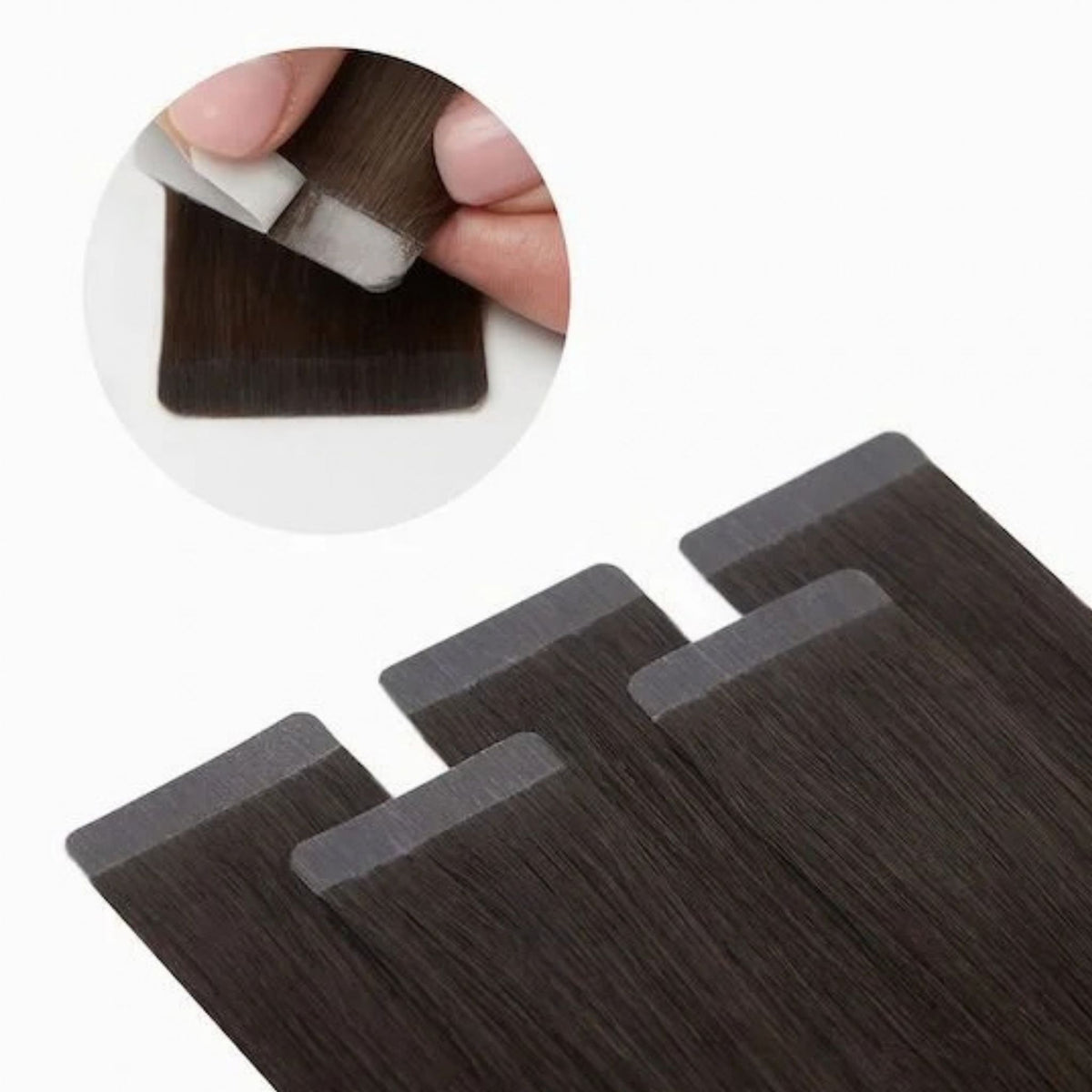 Melena larga lisa castaña con reflejos y extensiones adhesivas de pelo natural