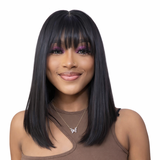 Peluca lisa negra con flequillo estilo bob, HD lace, efecto natural, modelo mujer con cabello recto a la altura de los hombros