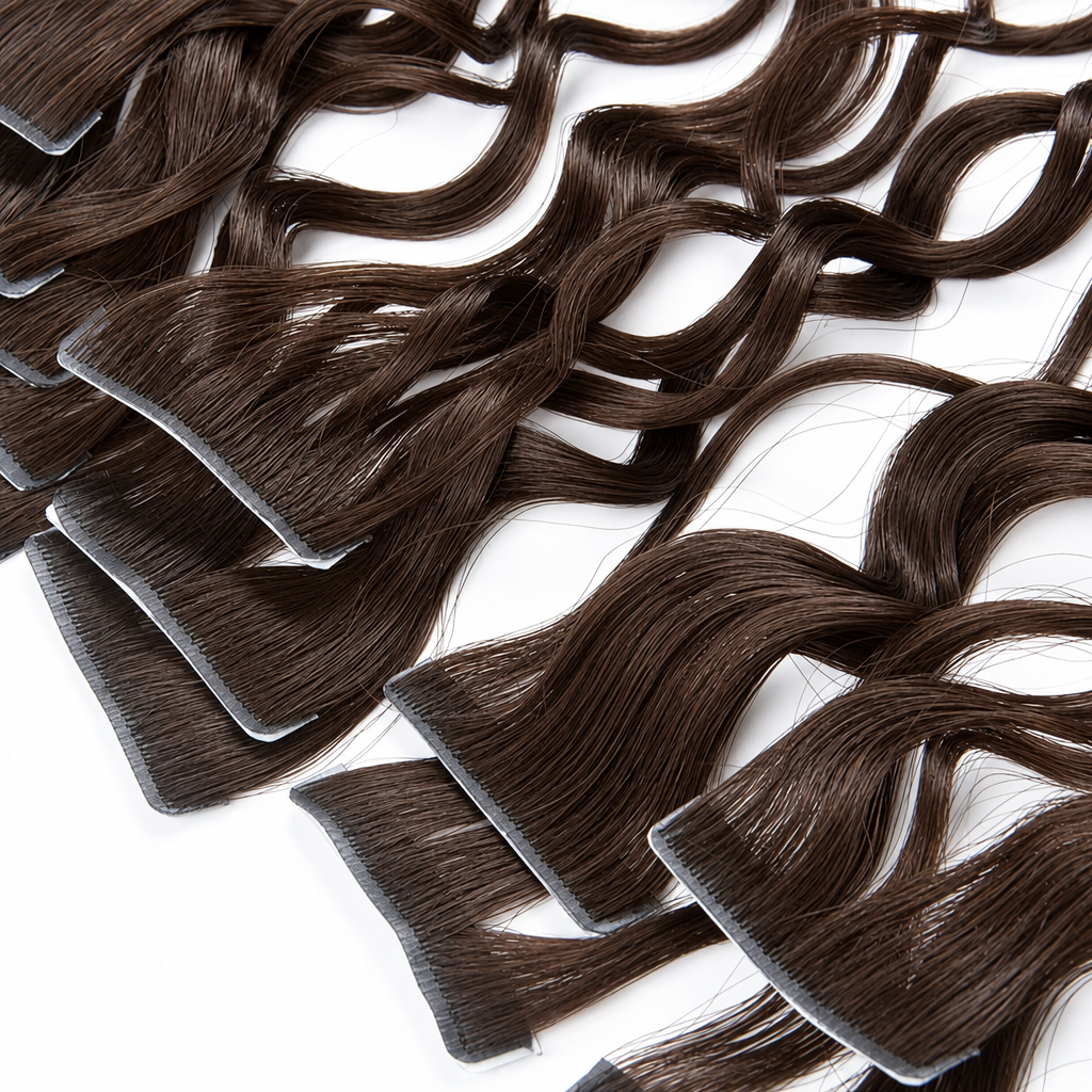 Detalle de las cintas adhesivas transparentes de las extensiones onduladas