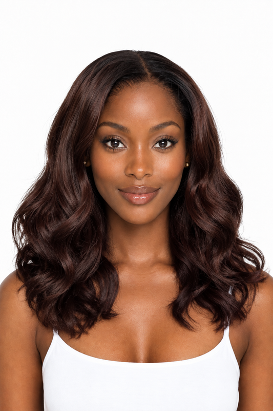 Modelo afro con la peluca ondulada castaño chocolate, fondo blanco