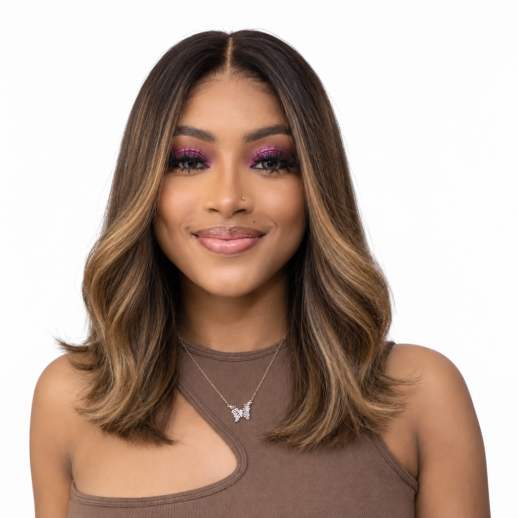 Nina con peluca balayage caramelo de raíz oscura y lace frontal, fondo blanco