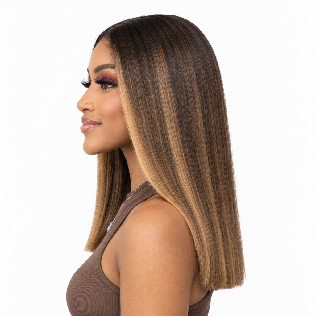 Nina de perfil con la peluca balayage lisa