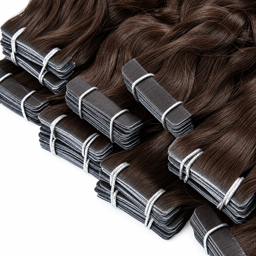 Paquetes de extensiones adhesivas castañas onduladas apilados