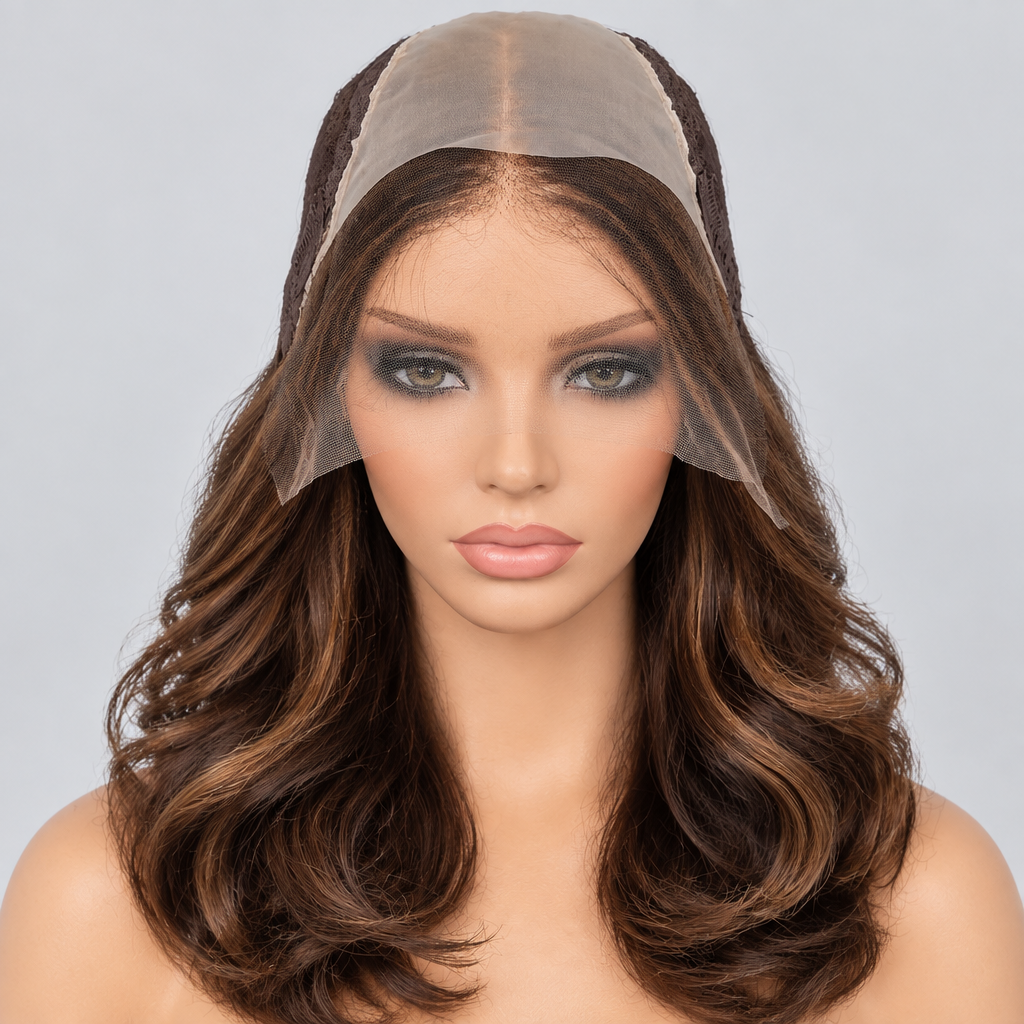 Peluca castaña ondulada con silk top en maniquí